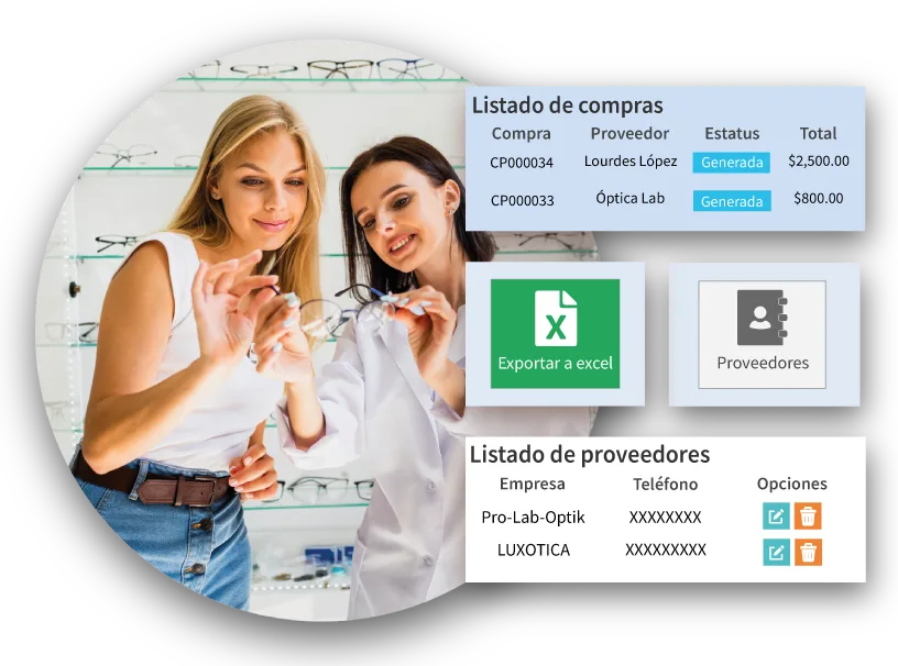 Óptica atendiendo a una clienta en el mostrador, junto al listado de compras y proveedores de Optiksoft