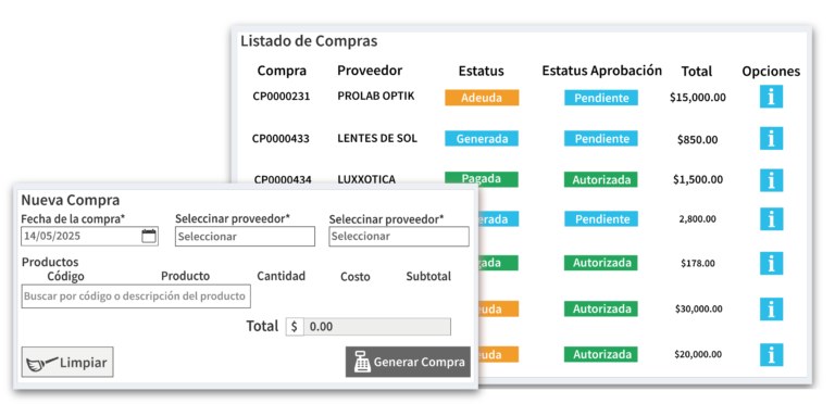 Listado de compras a proveedores en Optiksoft con estatus de pago y formulario para generar una nueva orden de compra
