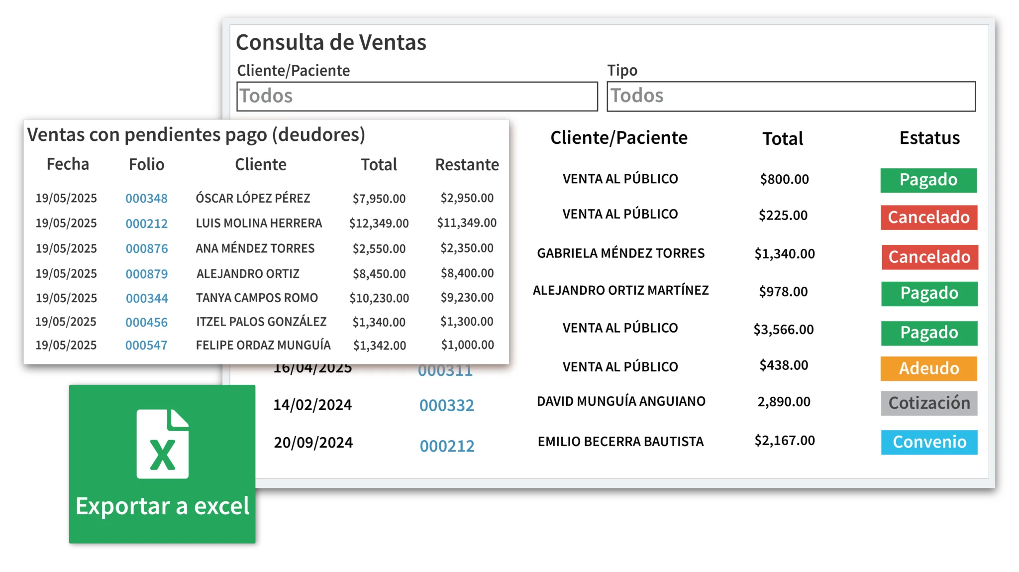 Resumen de ventas, adeudo a proveedores y bitácora de movimientos de usuarios generados por los reportes de Optiksoft